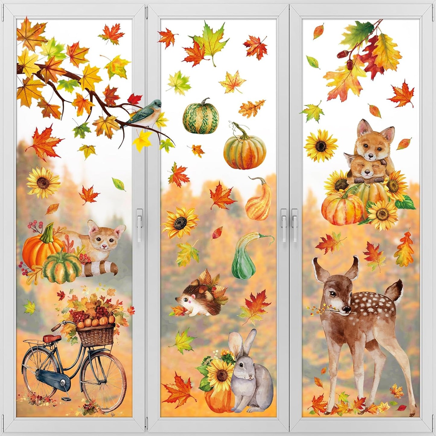 Fall Woodland Animals Window Clings, 9 Sheets 68 Pcs | Autumn Window Stickers Squirrel Fox Rabbit Decals for Fall Harvest Home Party Window Decorations