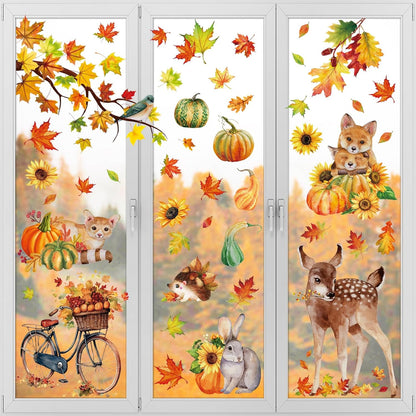 Fall Woodland Animals Window Clings, 9 Sheets 68 Pcs | Autumn Window Stickers Squirrel Fox Rabbit Decals for Fall Harvest Home Party Window Decorations
