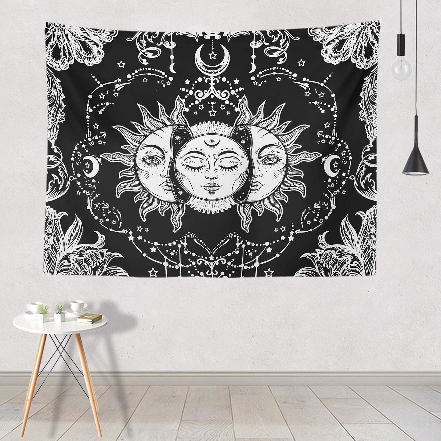 Sun and Moon Tapestry Black and White Tapestries Mystic Burning Sun with Star Wall Hanging Decor for Bedroom (40" W x 30" L)