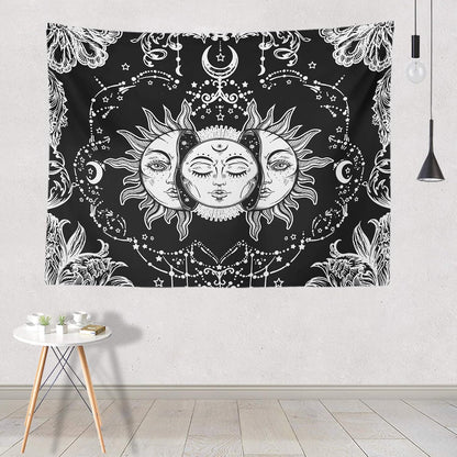 Sun and Moon Tapestry Black and White Tapestries Mystic Burning Sun with Star Wall Hanging Decor for Bedroom (40" W x 30" L)