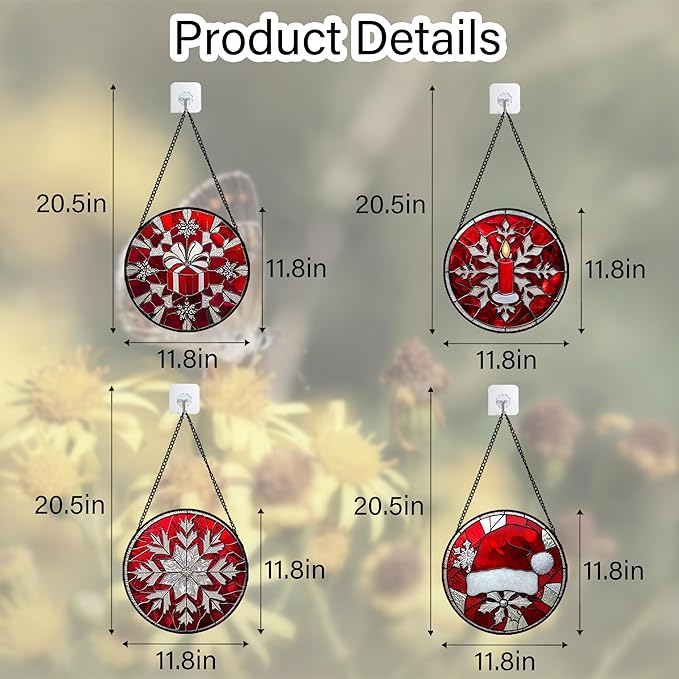 DASTOLL Stained Glass Window Hanging 4 Pcs Set Red Christmas Decorations Theme - Image 6