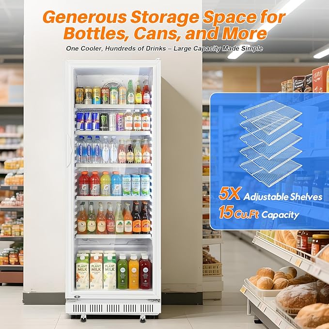 Commercial Beverage Refrigerator, 24.5" Glass Door Display Fridge, 15 Cu.Ft - Image 2