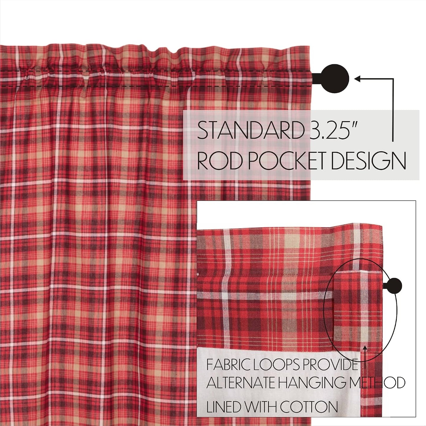 VHC Brands Rustic Red Plaid Braxton Scalloped Curtain for Kitchen & Dining Room Valance 16x72