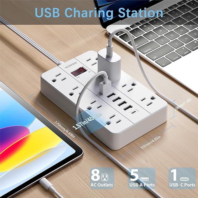 Power Strip with USB, Flat Plug Extension Cord Surge Protector 5 Ft, HUNIAN - Image 2