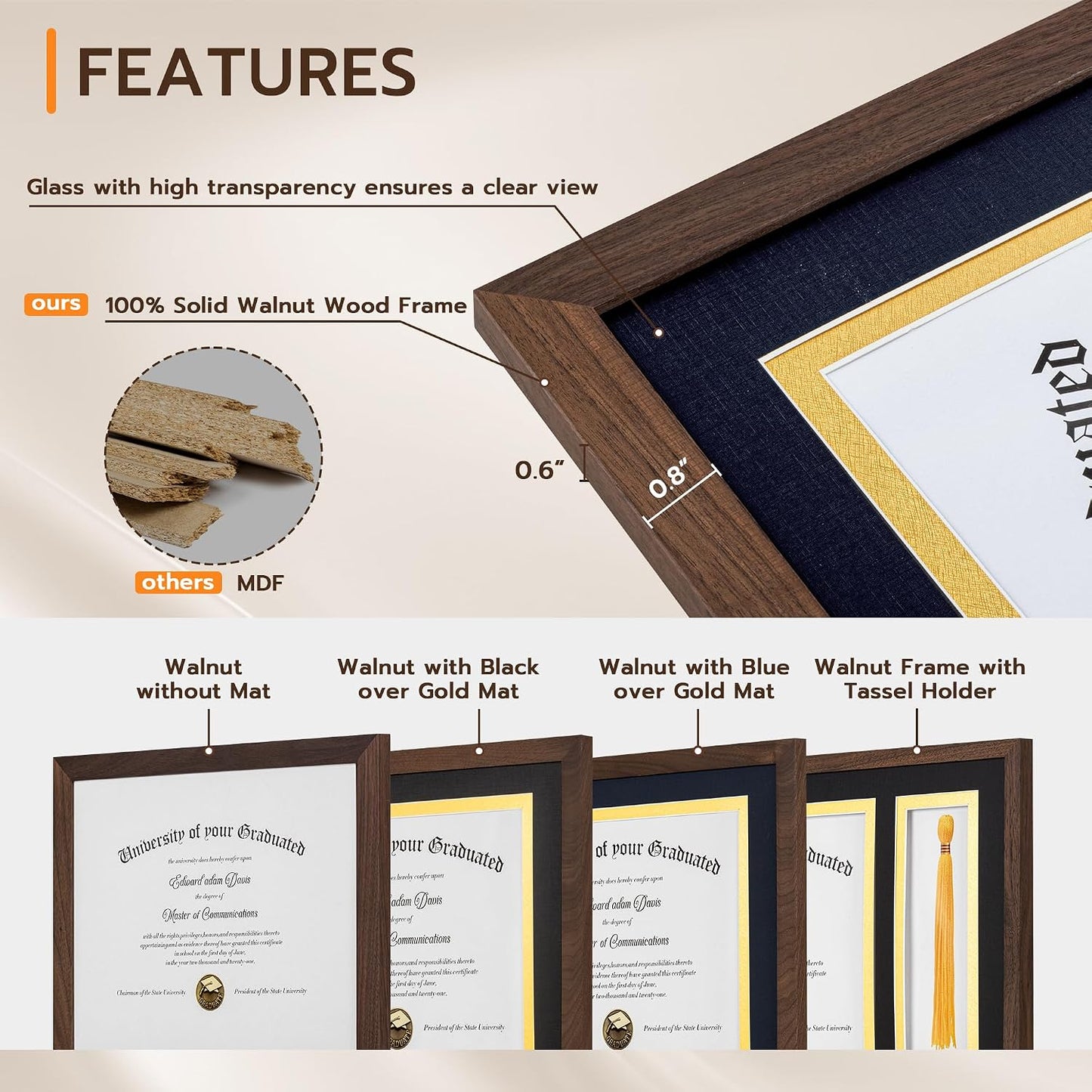 Fun Memories Walnut Wood 11x14 Diploma Frame, 100% Solid Walnut Wood Certificate Picture Frame with High Definition Glass, Document Frame for Wall and Tabletop, Blue Mat
