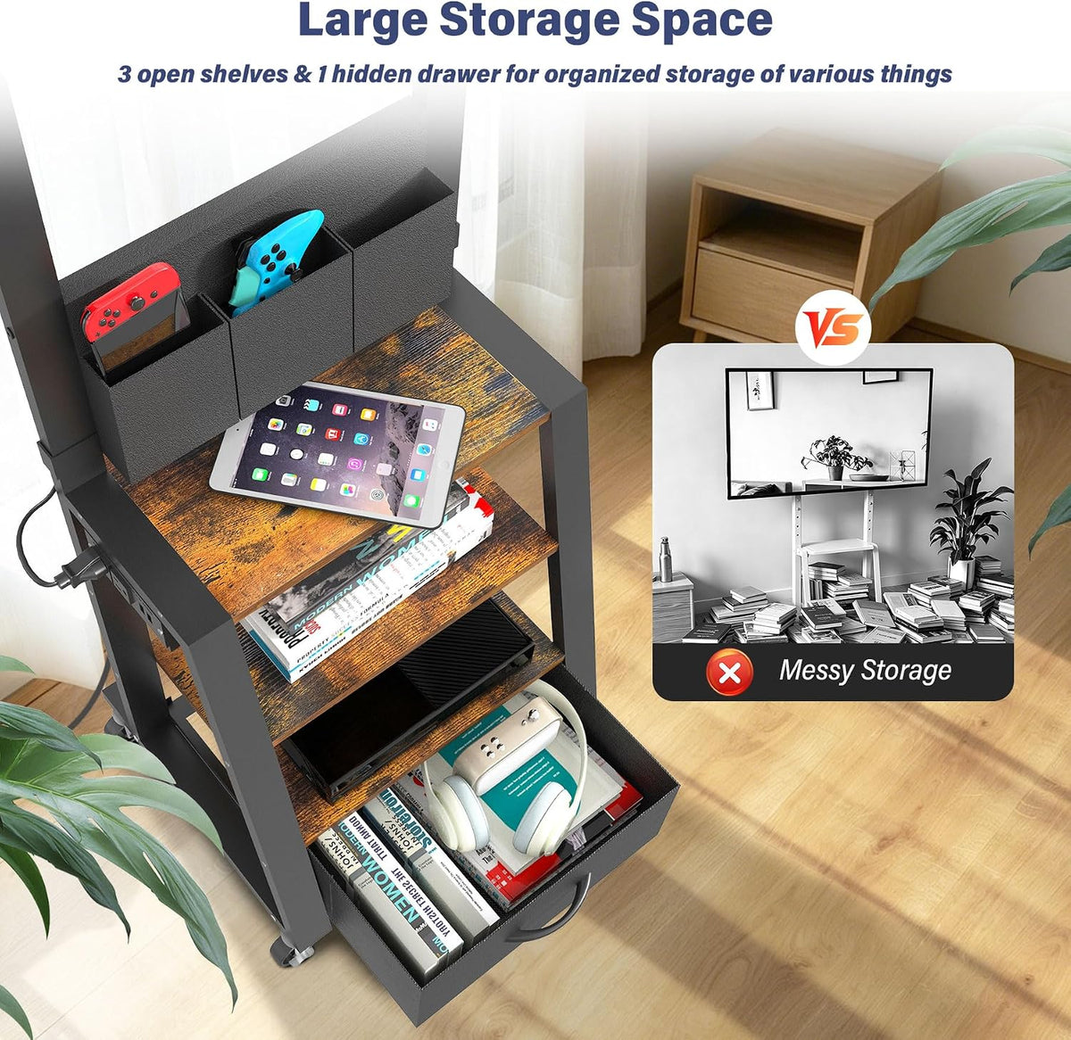 Rolling TV Stand with Power Outlet & 4-Tier Storage for 23-60 Inch Flat/C...