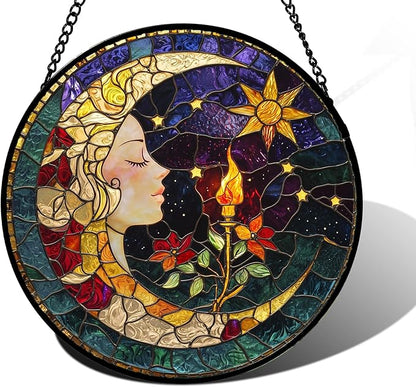 DASTOLL Stained Glass Window Hanging, Moon Goddess Torch Suncatcher Diamond by DASTOLL