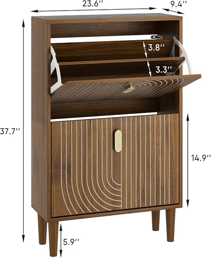 Smuxee Shoe Cabinet with 2 Flip Drawers, 23.6" Walnut Hidden Shoe Storage - Image 2