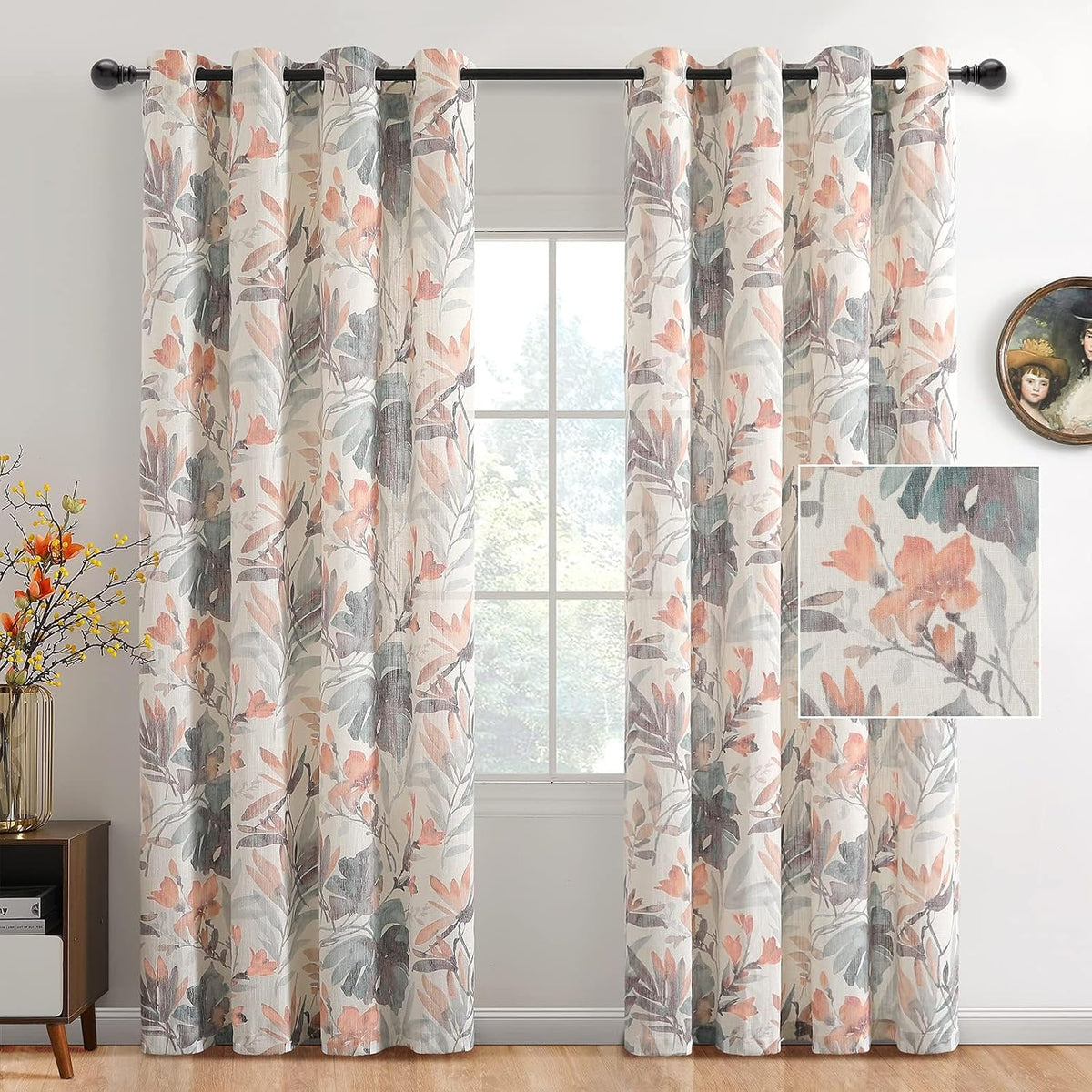 MYSKY HOME 102 inch Long Floral Curtains for Living Room Bedroom Curtains Light Filtering Window Grommet Drapes for Dining Room, 52x102 Inch, Coral and Natural, Set of 2