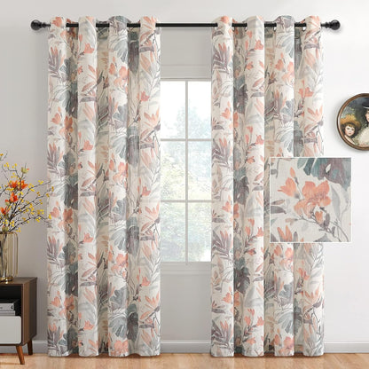 MYSKY HOME 102 inch Long Floral Curtains for Living Room Bedroom Curtains Light Filtering Window Grommet Drapes for Dining Room, 52x102 Inch, Coral and Natural, Set of 2