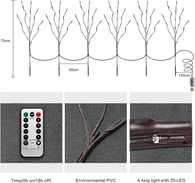 MENCH Branch Lights,6 Pcs Twig Light USB&Battery Powered 8 Flashing Modes...