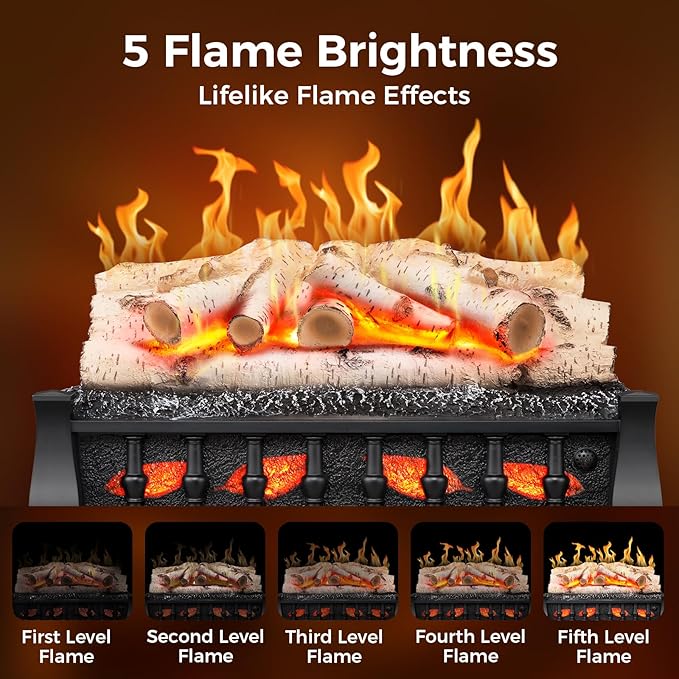 Electric Fireplace Insert Log Heater 21 Inches, 5 Flame Brightness, 750w/1500w - Image 2