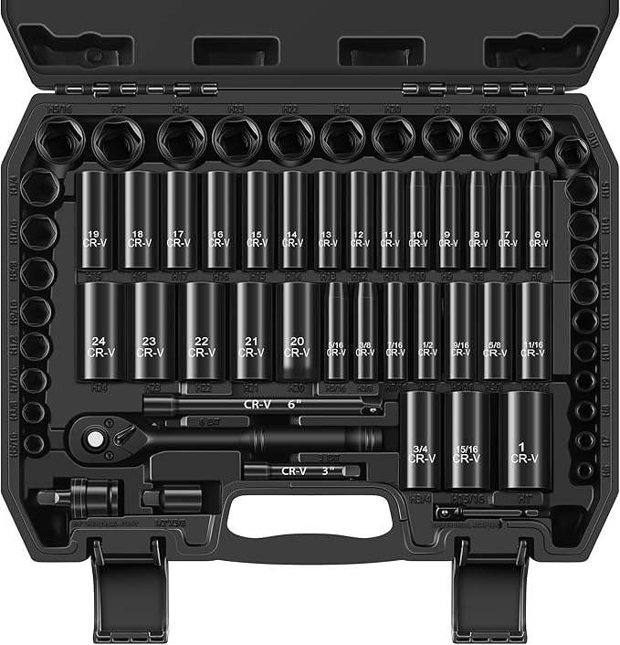 64-Piece 3/8" Drive Socket Set, SAE & Metric, Deep & Shallow, 72-Tooth Ratchet by Reniteco