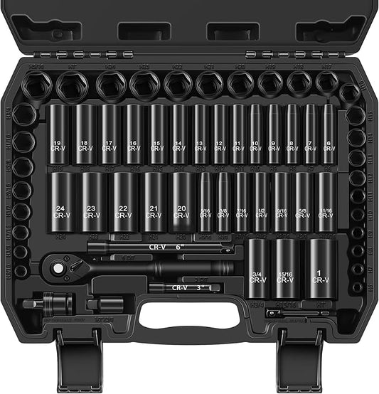64-Piece 3/8" Drive Socket Set, SAE & Metric, Deep & Shallow, 72-Tooth Ratchet by Reniteco