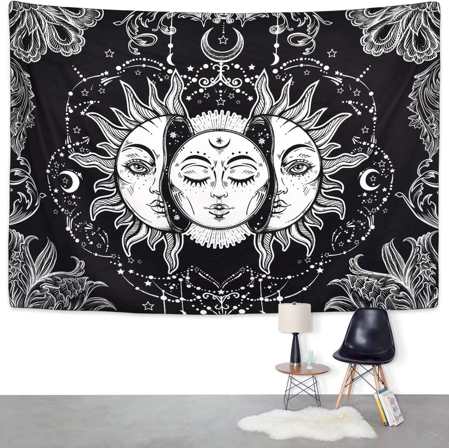 Sun and Moon Tapestry Black and White Tapestries Mystic Burning Sun with Star Wall Hanging Decor for Bedroom (40" W x 30" L)