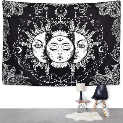 Sun and Moon Tapestry Black and White Tapestries Mystic Burning Sun with Star Wall Hanging Decor for Bedroom (40" W x 30" L)
