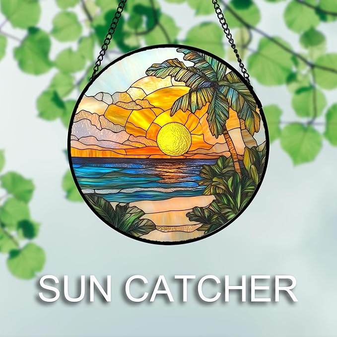 DASTOLL Stained Glass Window Hanging 4 Pcs Set Blue Ocean Coconut Tree Scenery - Image 5