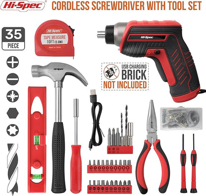 Hi-Spec 35pc Red Tool Kit with 3.6V USB Electric Screwdriver and Drill Set. - Image 2