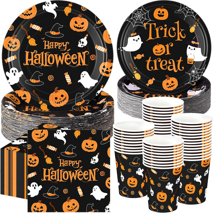 250 Pcs Halloween Party Supplies, Paper Plates Napkins and Cups, Black