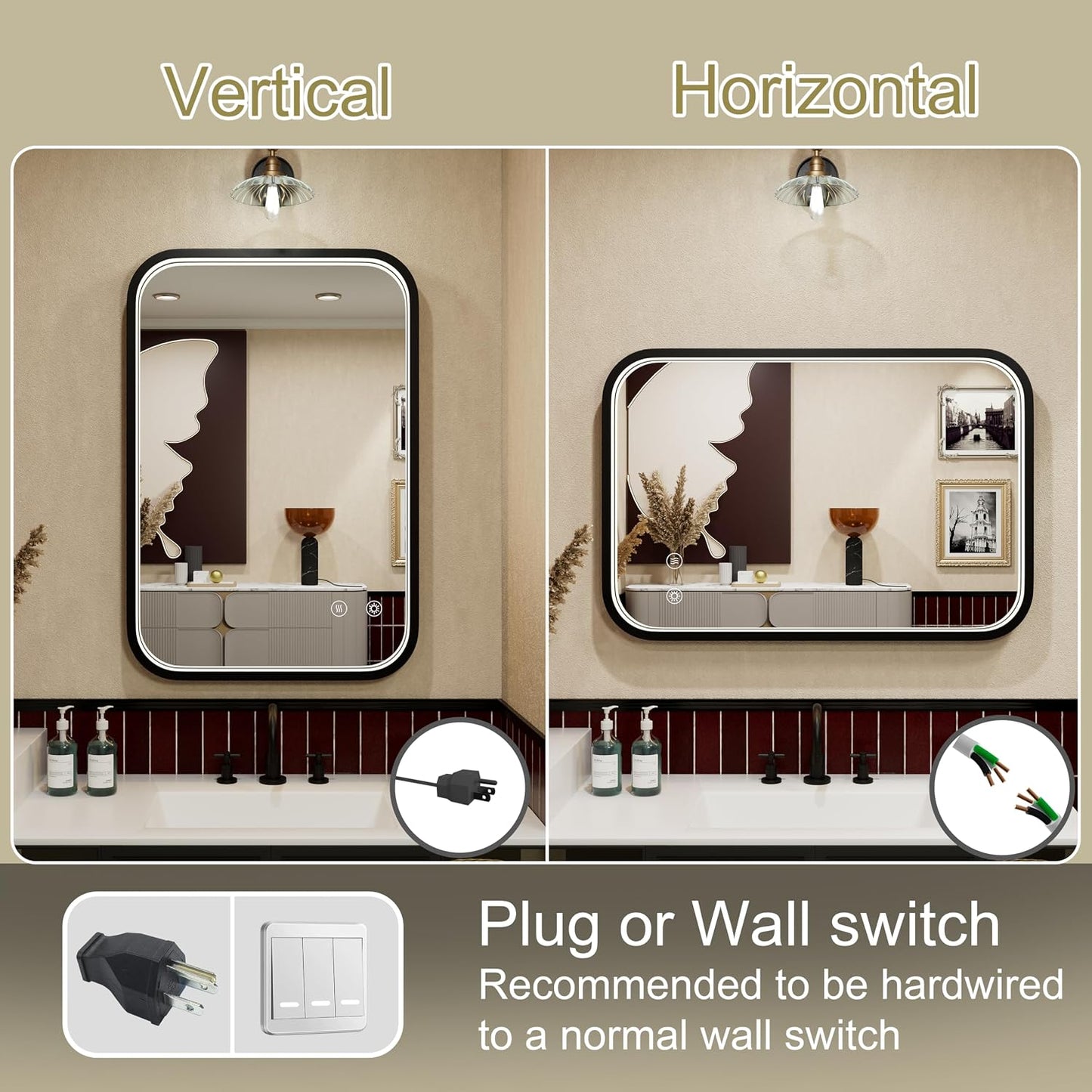 16"x24" Black LED Bathroom Mirror with 3000K/4500K/6000K Lights | Anti-Fog, Stepless Dimmable, Memory Function, Wall Mounted Aluminum Frame Lighted Bathroom Vanity Mirror, ETL Listed