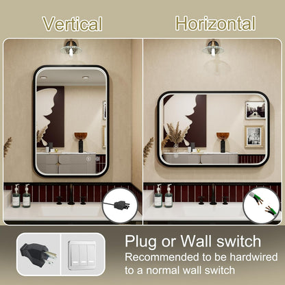 16"x24" Black LED Bathroom Mirror with 3000K/4500K/6000K Lights | Anti-Fog, Stepless Dimmable, Memory Function, Wall Mounted Aluminum Frame Lighted Bathroom Vanity Mirror, ETL Listed