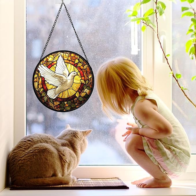 DASTOLL Stained Glass Window Hanging, Flying White Dove Sun Catchers Diamond - Image 3