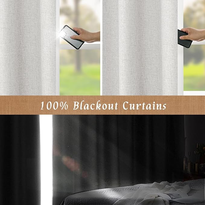 LAMIT 100% Blackout Natural Linen Curtains, 68 Inches Linen Textured Thermal - Image 3