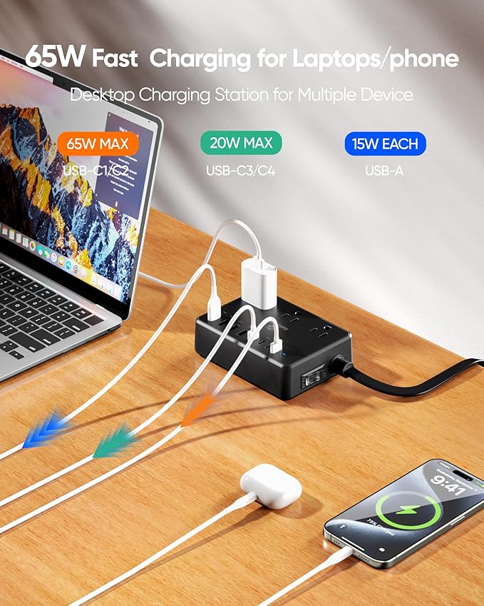 Kakyanill 100W Power Strip, 6 AC Outlets 8 USB Ports - Image 3