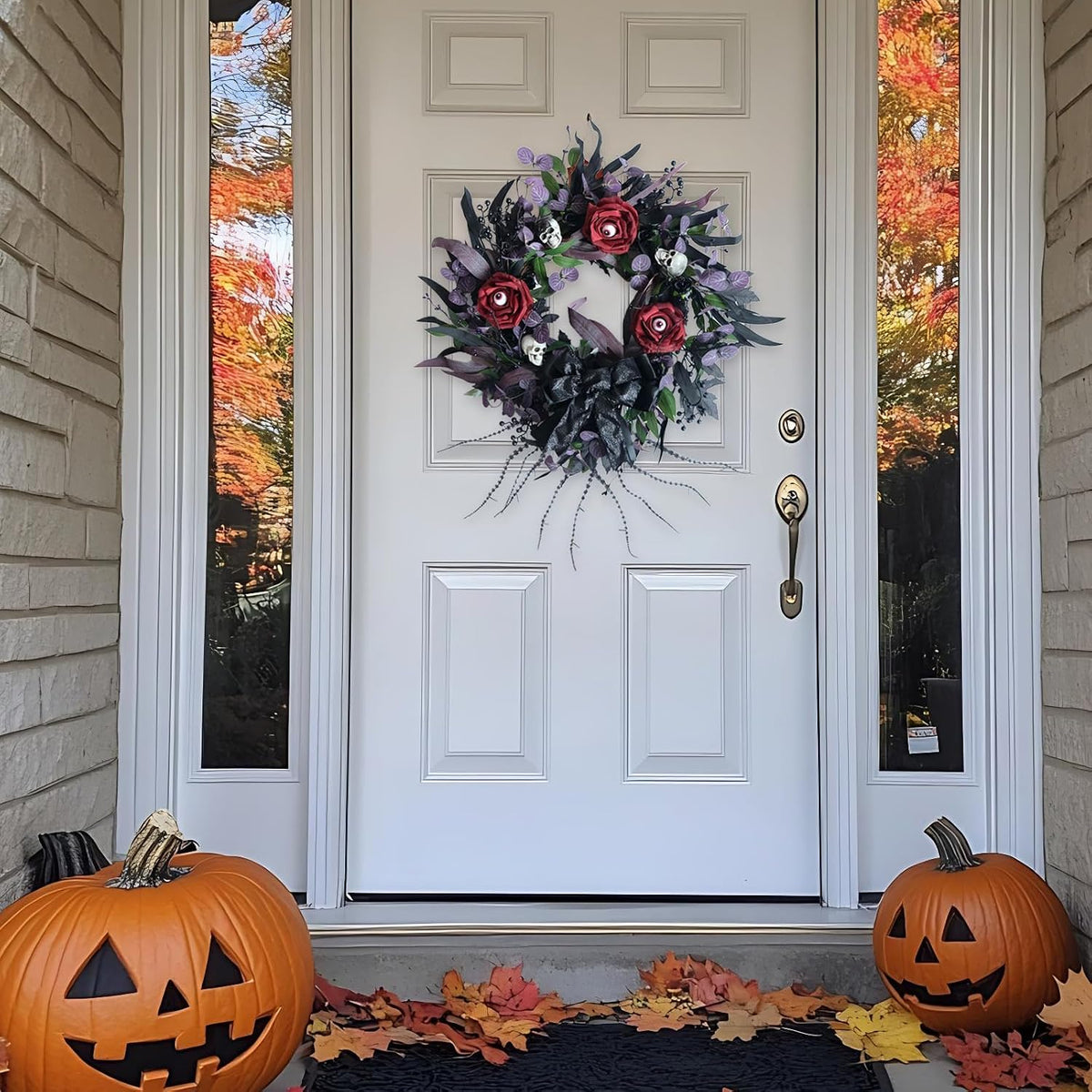 22 Inch Halloween Wreath with Black Roses Skeleton and Eye Balls for Front Do...