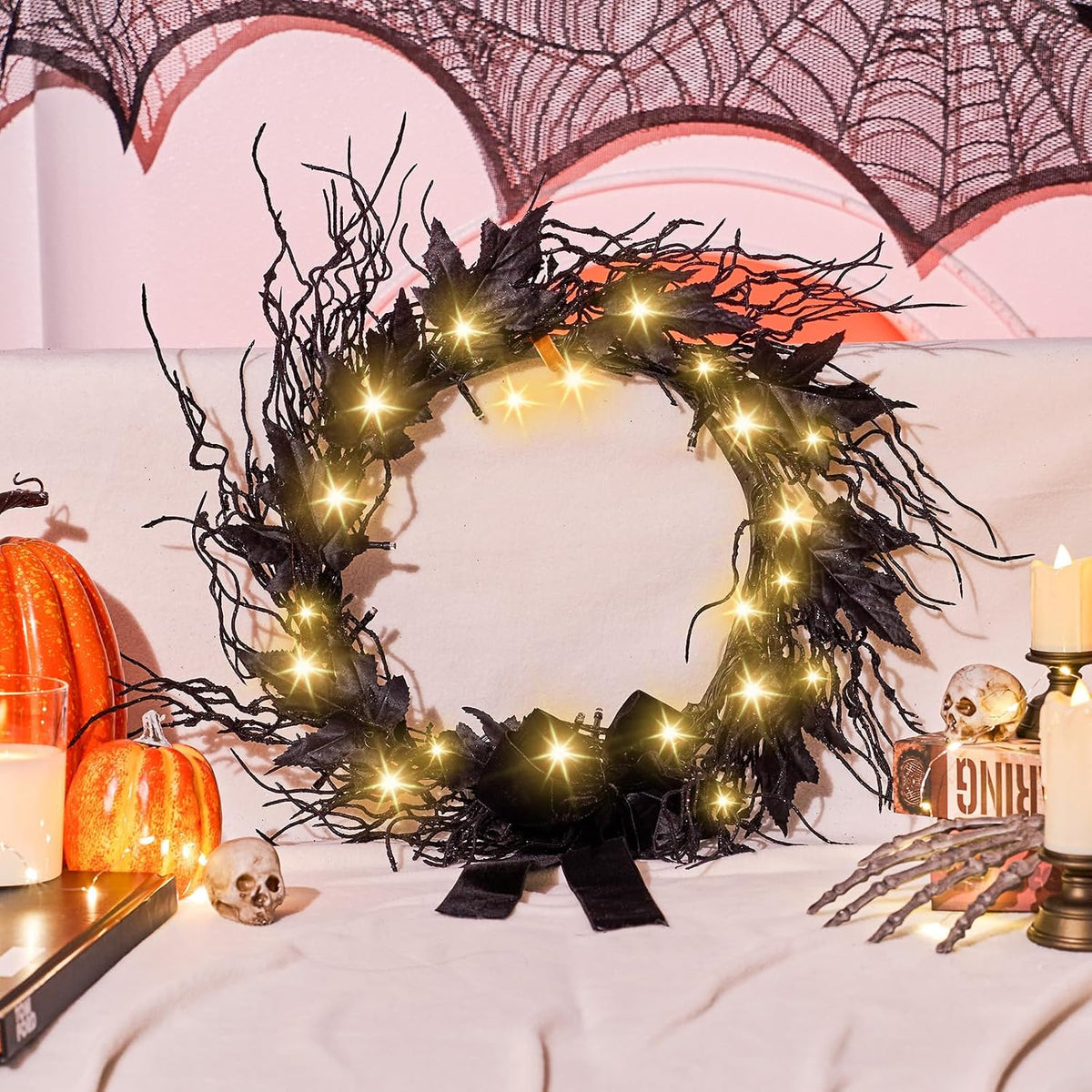 JORNOY 16inch LED Halloween Wreath with Battery Timer