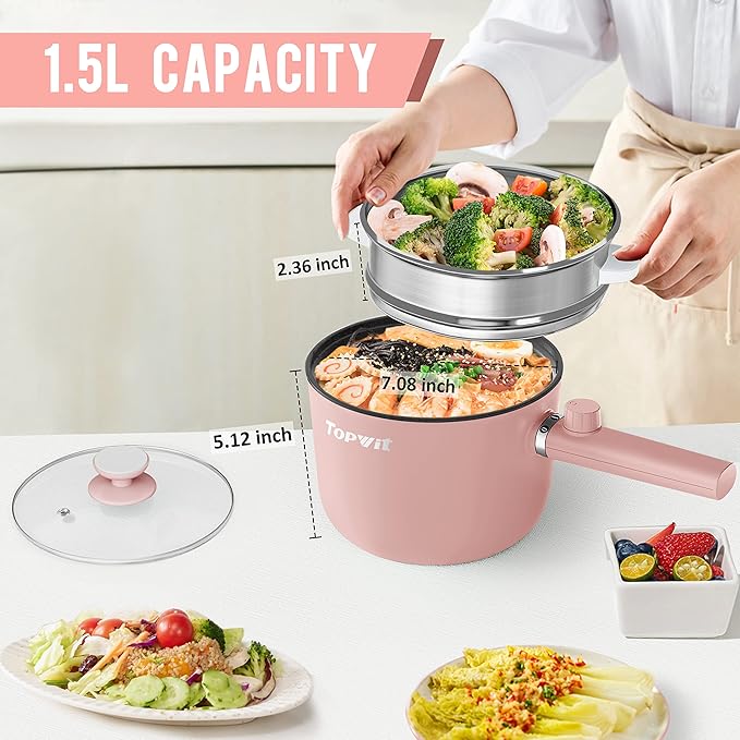 Topwit Hot Pot Electric with Steamer, 1.5L Ramen Cooker, Non-Stick Sauté Pan - Image 3