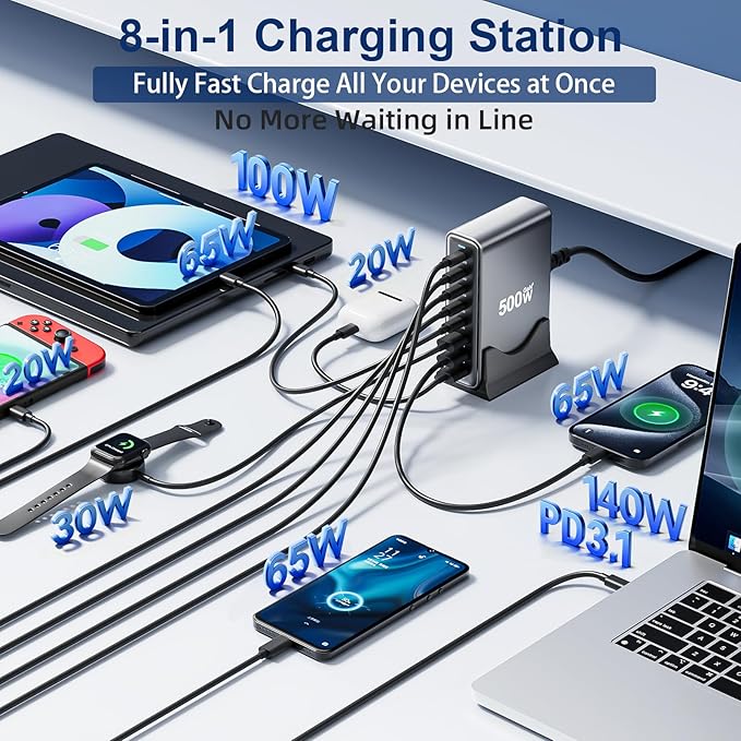 500W USB C Fast Charger Block, PD3.1 140W 8 Port USB Charging Station, GaN Ⅲ - Image 2