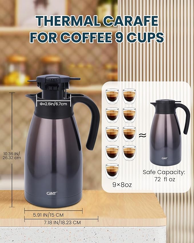 GiNT 2.2L / 74Oz Thermal Coffee Carafe, Insulated Stainless Steel Coffee Carafes - Image 5