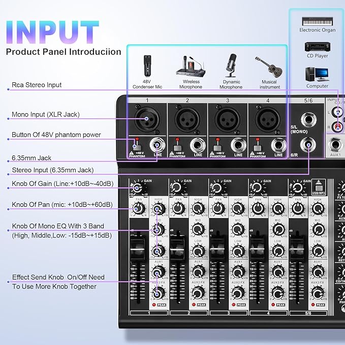 6 Channel Audio Interface Sound Board Mixing Console 16-Bit DSP DJ Mixer Audio - Image 2