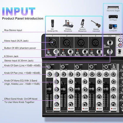 6 Channel Audio Interface Sound Board Mixing Console 16-Bit DSP DJ Mixer Audio - Image 2