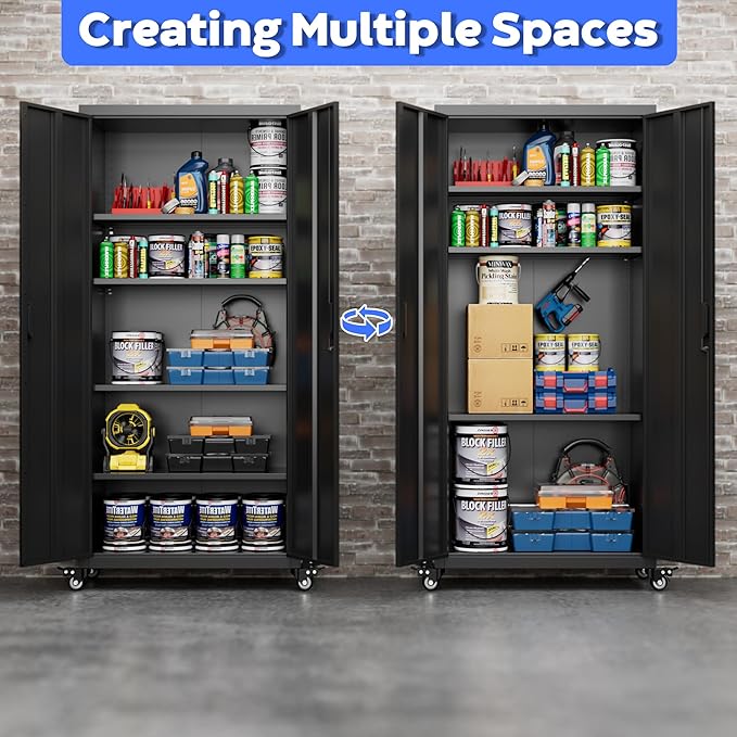 Garage Storage Cabinet with Wheels, Metal Storage Cabinet with 4 Adjustable - Image 6