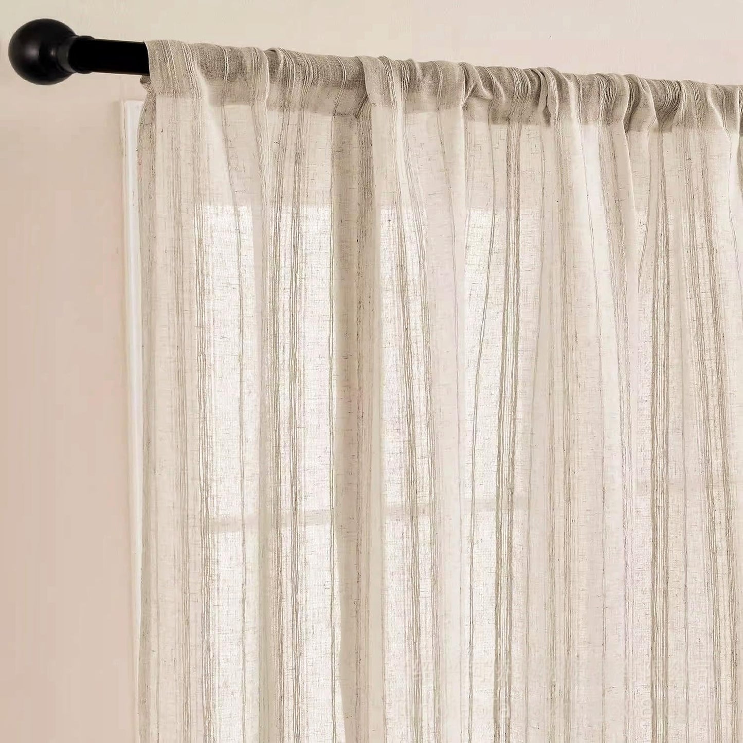 Gxi Beige Striped Sheer Curtain Tie Up Balloon Curtain for Kitchen Bathroom | Rod Pocket Farmhouse Linen Voile Valance for Living Room Small Window 1 Panel Width 39 x 47 inches Length