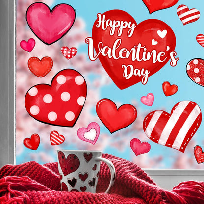 Valentine's Day Window Clings Love Hearts, 76 Pcs Pink Red Heart Large Window Stickers, Happy Valentines Watercolor Double-Sided Glass Decals Decor for Wedding Anniversary Home Party Decorations