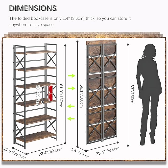 4NM 6 Tiers No Assembly Book Shelves, 61.8" H Folding Bookshelf Bookcase Open - Image 2