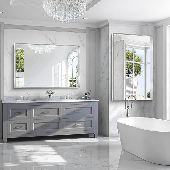CIRCUMI Silver Bathroom Mirror, Brushed Finish, Tempered Glass, Large Mirror - Image 6
