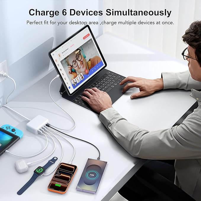 USB C Fast Charger, 100W GaN 6 Port Type USB C Charging Station Hub Block Cube - Image 5