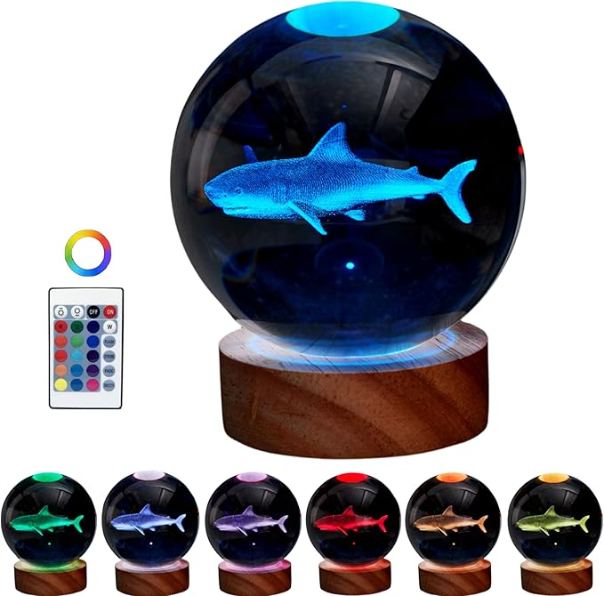 3D Crystal Ball Shark Lamp, Lifelike 3D LED Shark Night Light, 16 Color by Conalisk