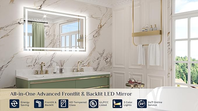 Keonjinn 48" x 30" Lighted Bathroom Mirror, Frontlit & Backlit Frameless LED - Image 9