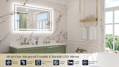 Keonjinn 48" x 30" Lighted Bathroom Mirror, Frontlit & Backlit Frameless LED - Image 9