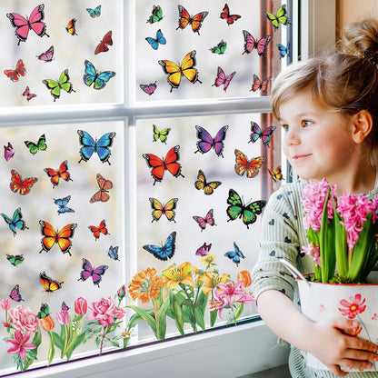 Whaline 9 Sheets Spring Butterfly Window Clings Summer Colorful Butterfly Flora Windows Decor Double-Sided Anti-Collision Reusable Decals Non-Adhesive for Home Window Glass