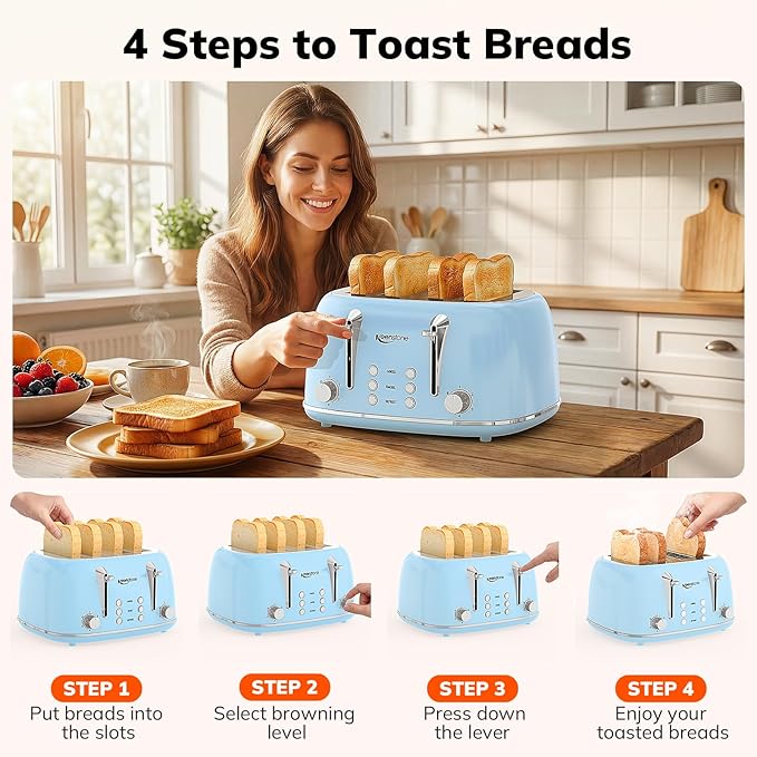 Keenstone Toaster 4 Slice, Retro Stainless Steel Wide Slot Toaster - Image 7