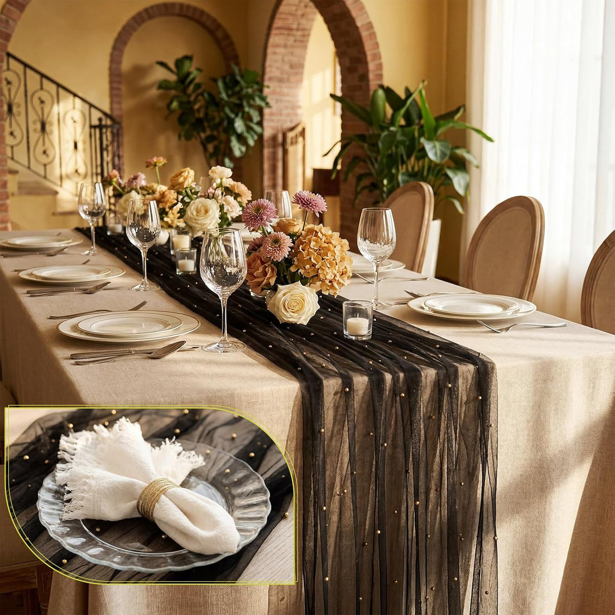 10 Pcs Halloween Black Pearl Gauze Table Runner 120 Inch 10ft