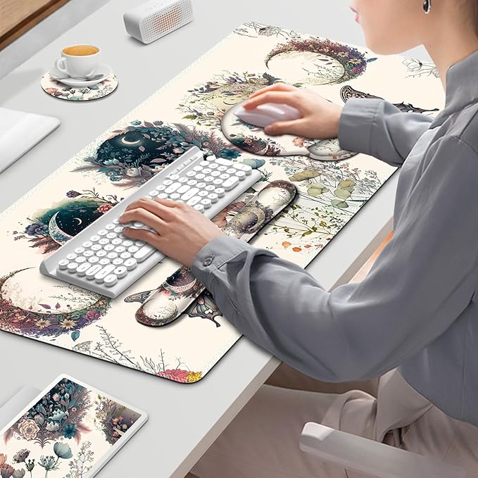 Large Desk Mat, Cute Boho Plants Mouse Pad, Apricot Desk Pad, XXL Mousepad + - Image 7