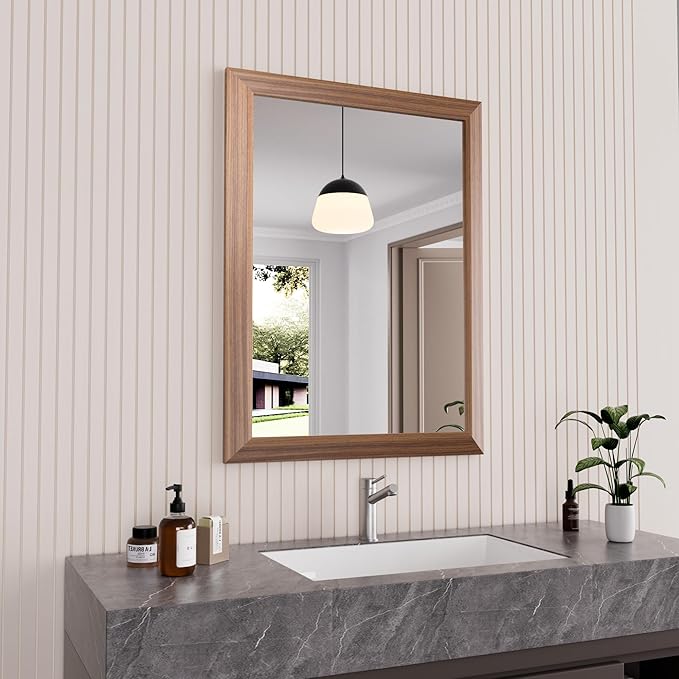 Amorho Bathroom Mirror, 24x32 Inch Wall Mirror, Walnut Wood Grain Metal Framed by Amorho