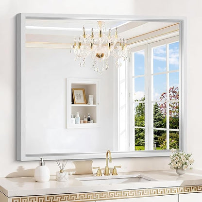 Silver Bathroom Mirror, 42 x 36 Inch Brushed Silver Rectangle Mirror by WelcometoCIVENO